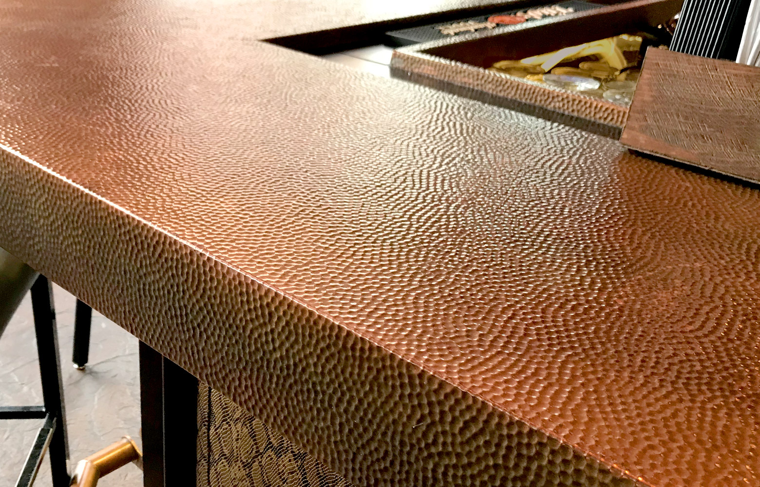 Inset-Backsplash-Counters-Eckls Eckls Bar backsplash and countertops, Rigidized Metals Architectural Solutions